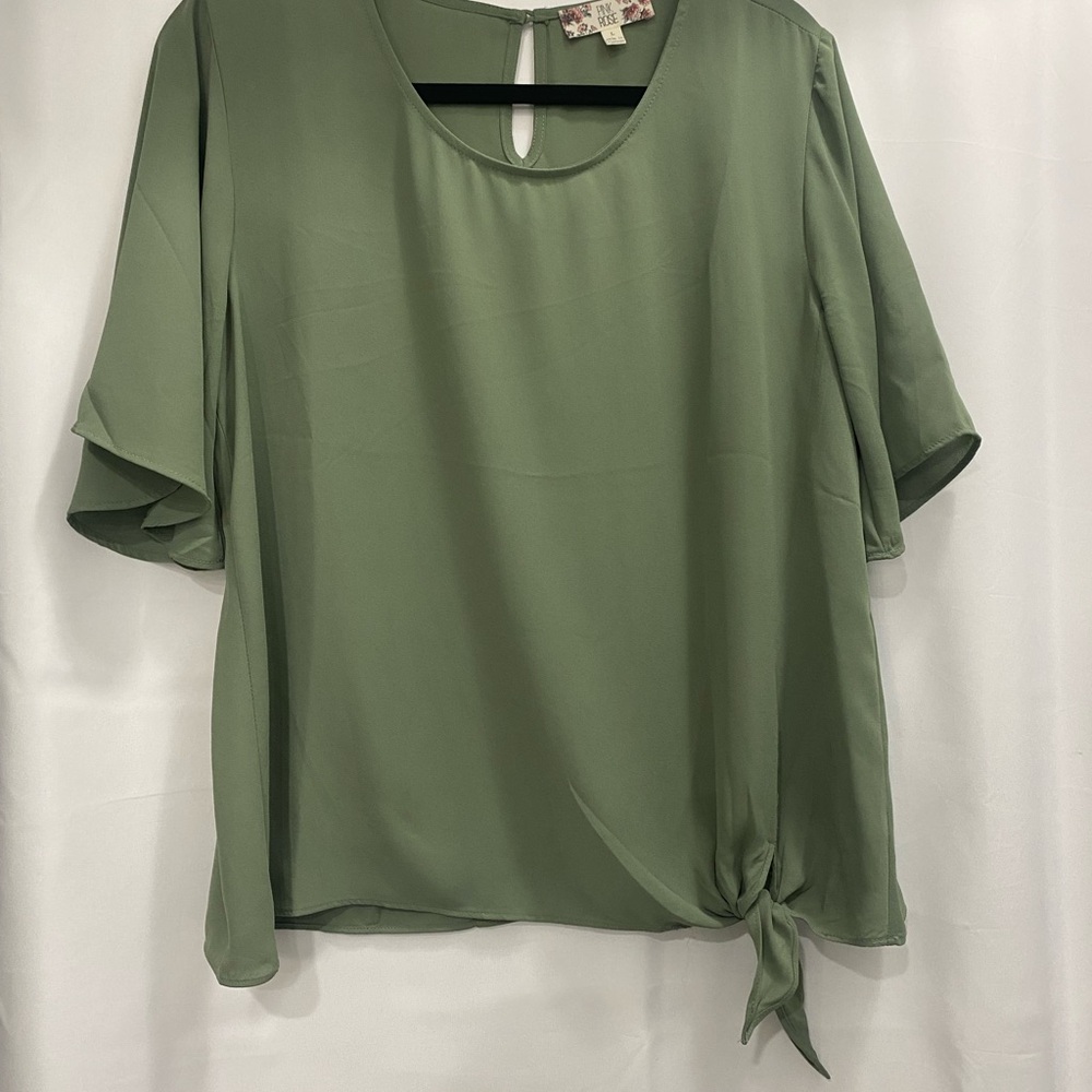 Pink Rose Green Tie Front Relaxed Blouse